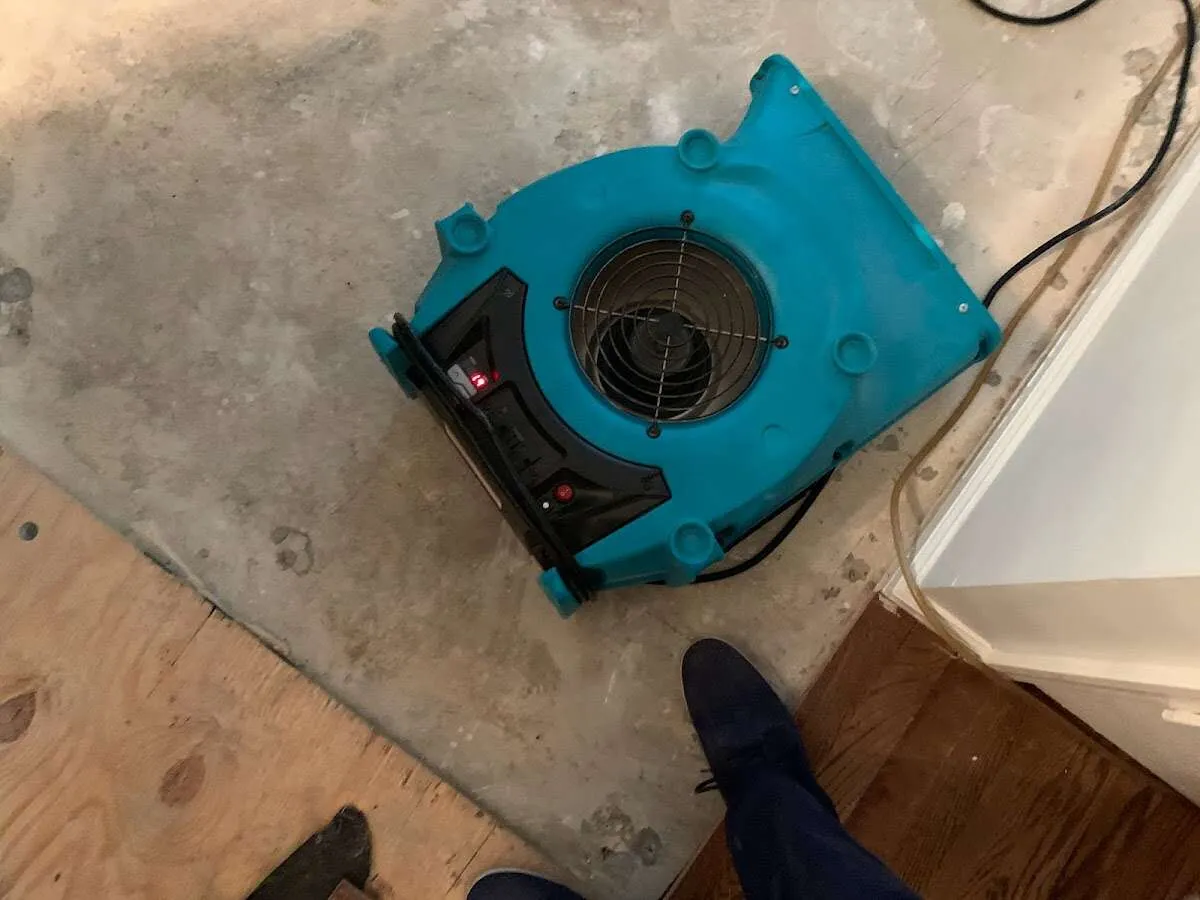 Air mover drying subfloor during Leak Detection & Repair in Rowlett